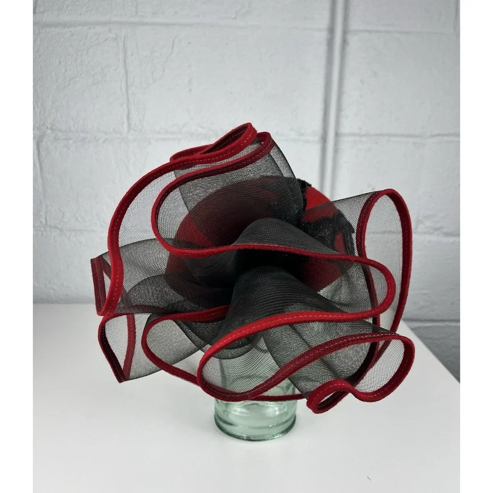VINTAGE Red Black Fascinator Cocktail Hat Sequin Beaded Leaves Church Hat Wool